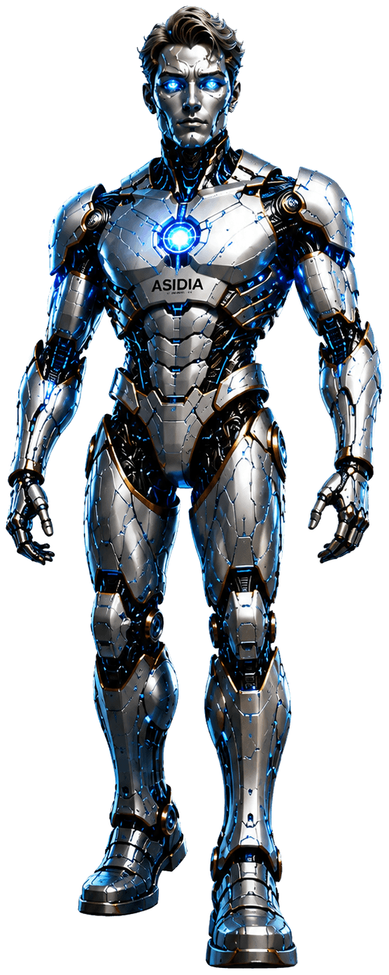Sid, Asidia's silver and electric-blue autonomous desktop assistant