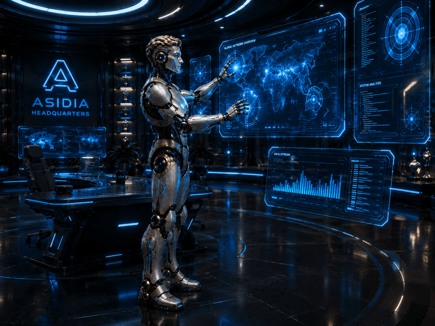Sid interacting with a holographic world interface at Asidia Headquarters