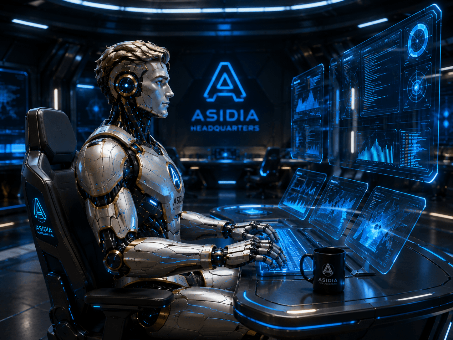 Cyborg operator working at a holographic workstation inside Asidia Headquarters
